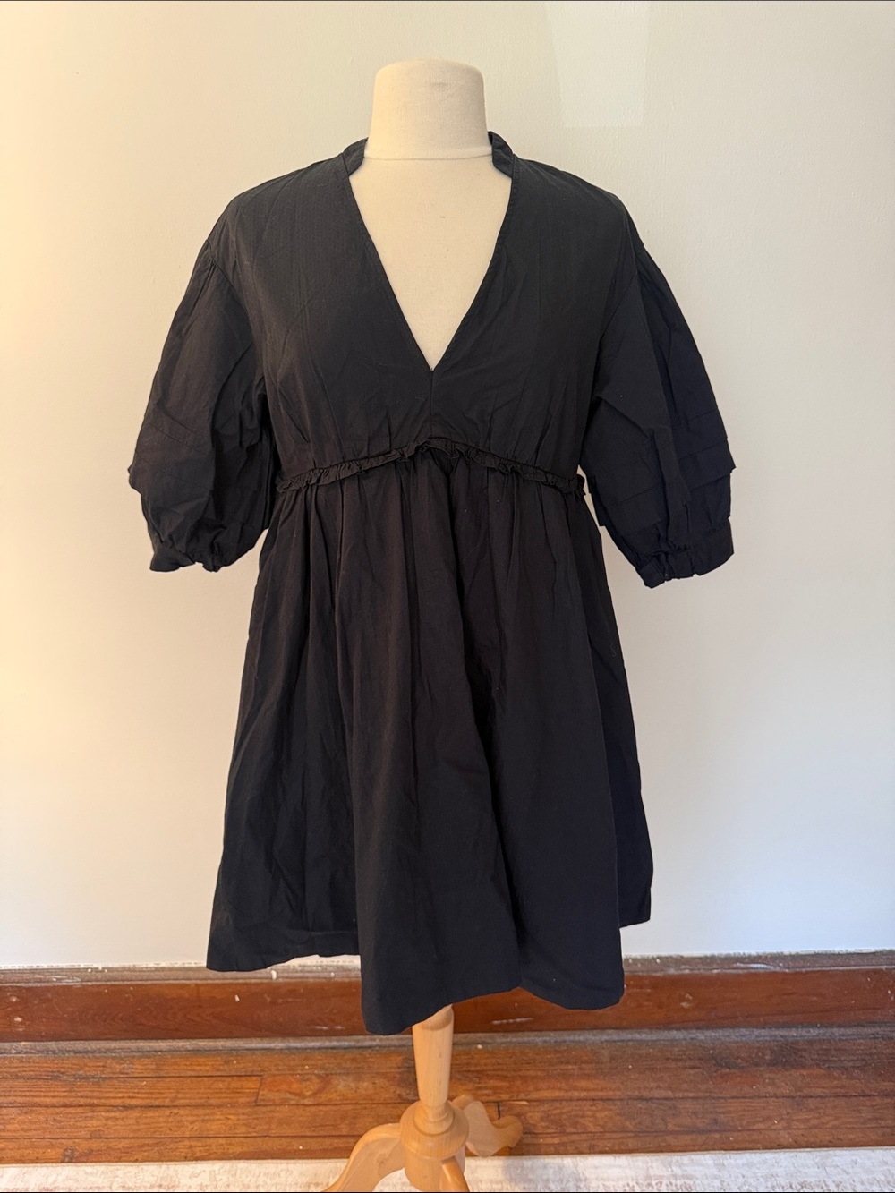 Anthropologie Black V-Neck Puff Sleeve Mini Dress